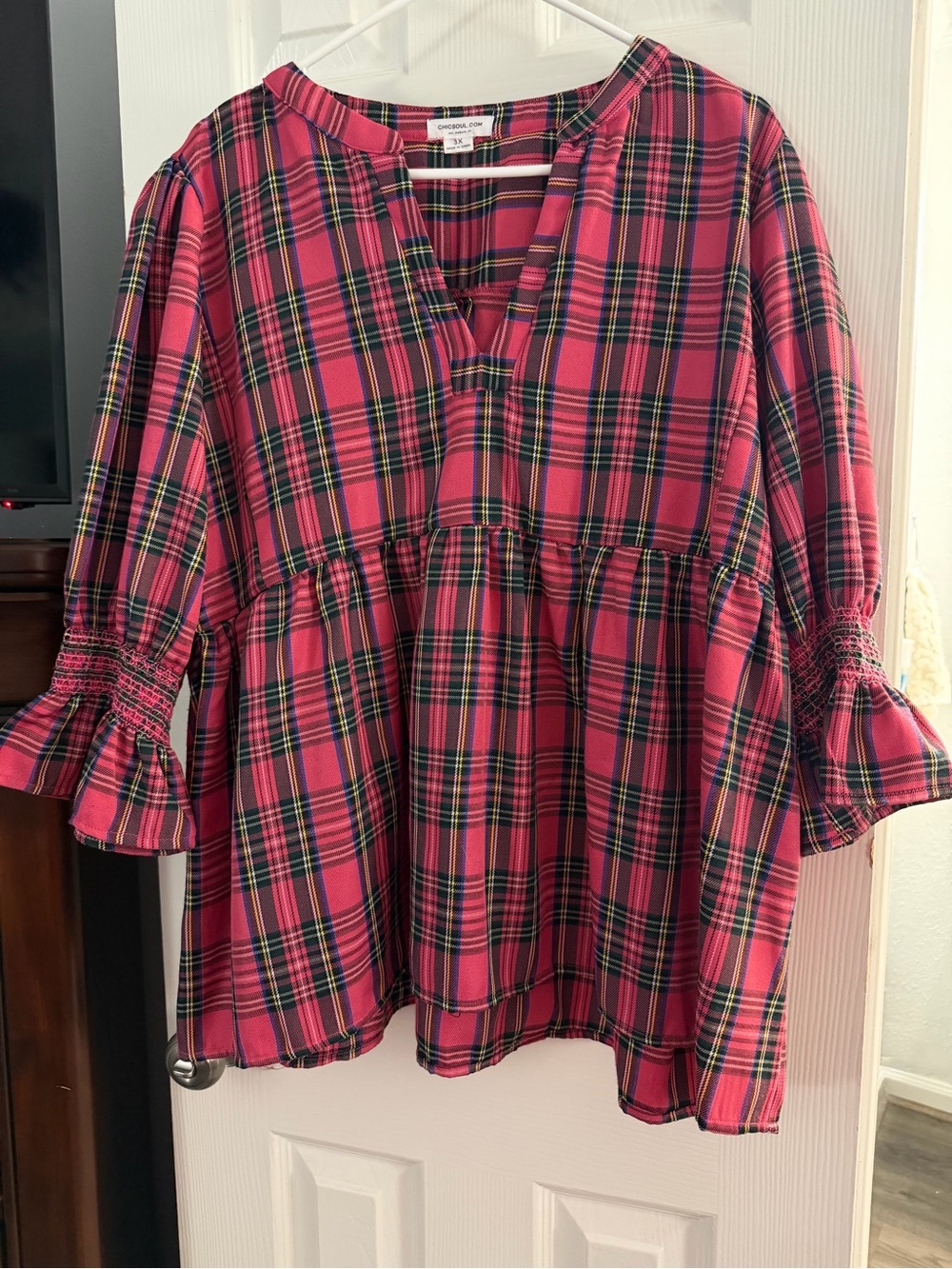 Chic Soul Pink Plaid Smocked Sleeve Babydoll Top